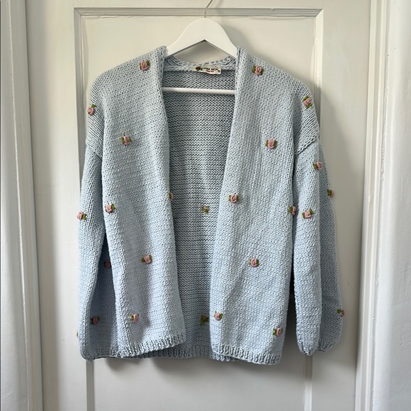Fanm Mon Sweaters - Fanm Mon Hand Knit Blue Embroidered Rosette Cardigan Sweater